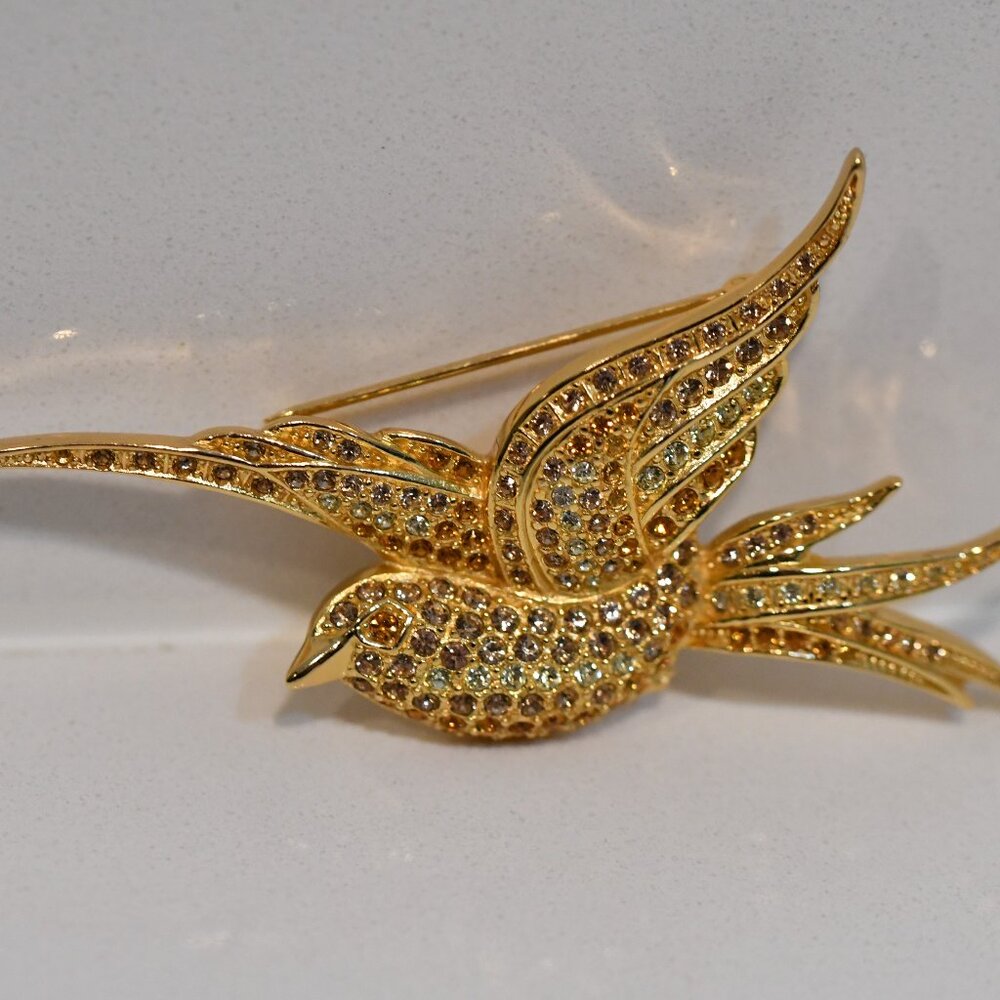 Vintage 1992 Christian Dior Gold Plated Bird Brooch With Crystals